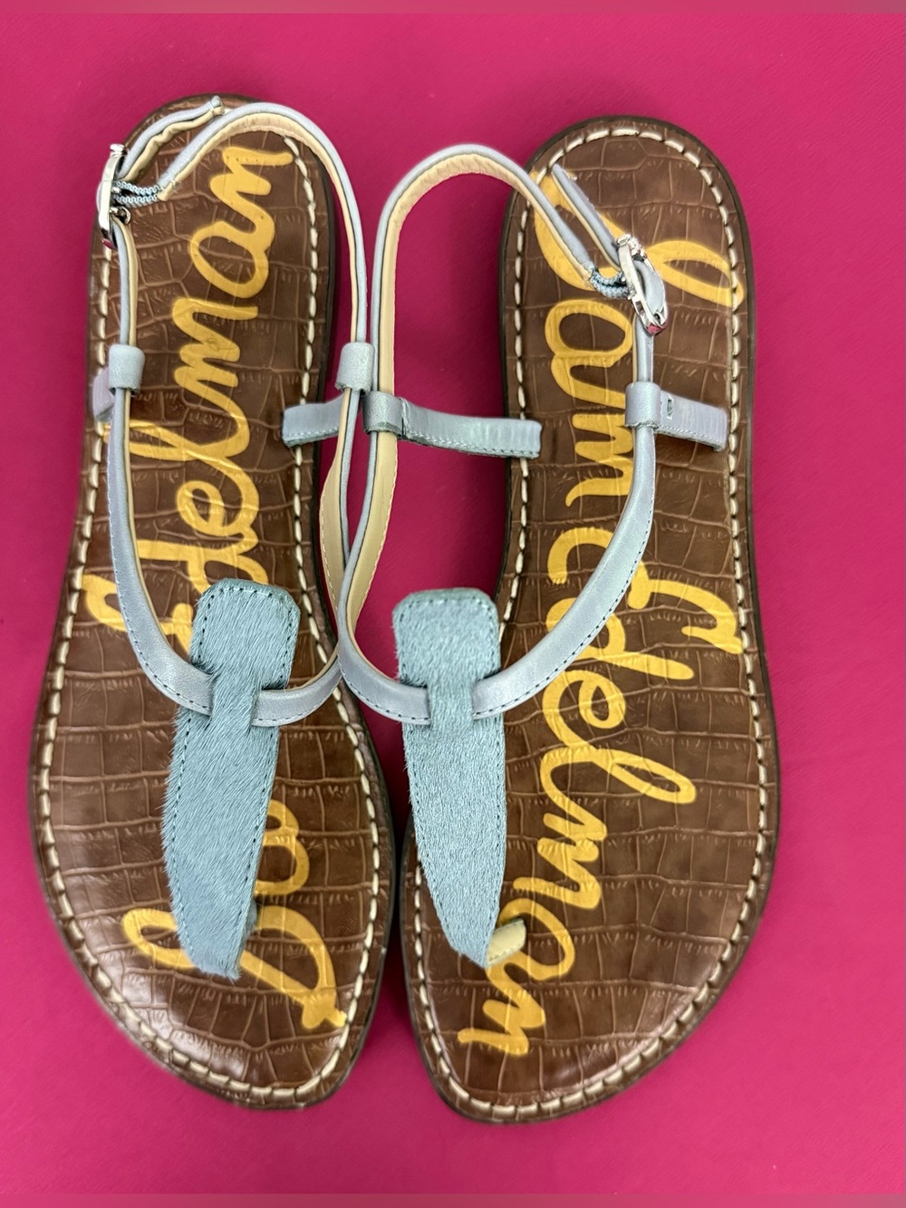 Sam Edelman Light Blue Calf Hair T-Strap Casual Flat Sandals US 8 NWOT - Picture 6 of 9